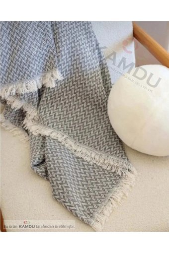 Peshqir Pamuklu Örgü Saçaklı Süngersiz Çizgili Gri Üçlü Koltuk Örtüsü 170x210 cm