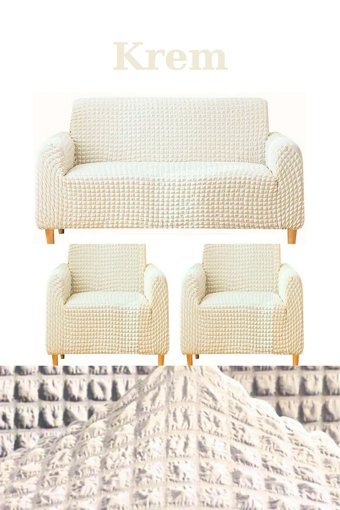 Heytgah Polyester Bürümcük Süngersiz Kapitone Giydirmeli Krem Üçlü Koltuk Örtüsü 180x230 cm