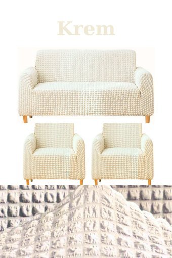Heytgah Polyester Bürümcük Süngersiz Kapitone Giydirmeli Krem Üçlü Koltuk Örtüsü 180x230 cm