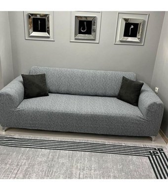Btf Home Pamuklu - Polyester Likralı Jakarlı Süngersiz Armürlü Giydirmeli Lastikli Gri Üçlü Koltuk Örtüsü 180x230 cm