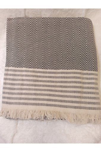 Şener Home Pamuklu Polar Saçaklı Süngersiz Çizgili Gri Tekli Koltuk Örtüsü 170x220 cm