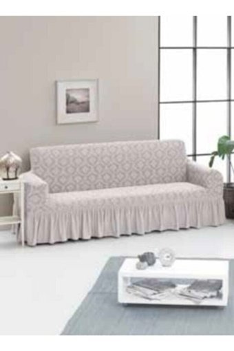 Consept Home Pamuklu - Polyester Likralı Jakarlı Süngersiz Giydirmeli Bej Üçlü Koltuk Örtüsü 85x213,5 cm