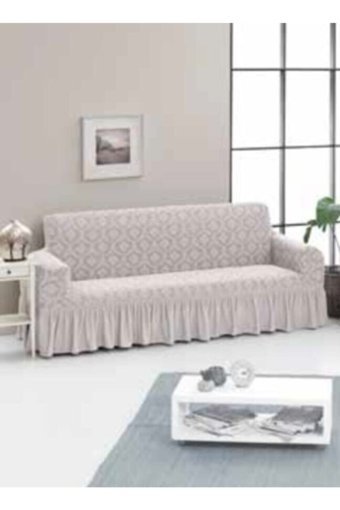 Consept Home Pamuklu - Polyester Likralı Jakarlı Süngersiz Giydirmeli Bej Üçlü Koltuk Örtüsü 85x213,5 cm