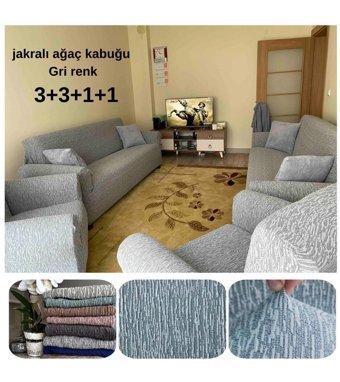 Etles Home Pamuklu - Polyester Likralı Jakarlı Süngersiz Armürlü Giydirmeli Gri Sekizli Koltuk Örtüsü 185x220 cm