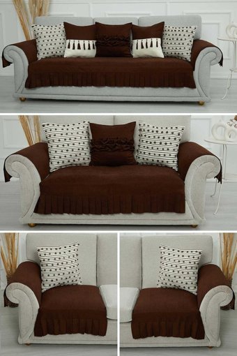 Aisha's Design KTK-9 Polyester Örgü Pileli Süngersiz Düz Kahverengi Sekizli Koltuk Örtüsü 34x48 cm