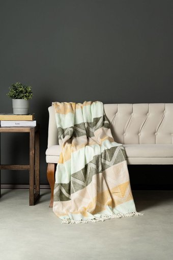 Soley Ripple Akrilik Polar Saçaklı Süngersiz Çizgili Yeşil Tekli Koltuk Örtüsü 130x170 cm