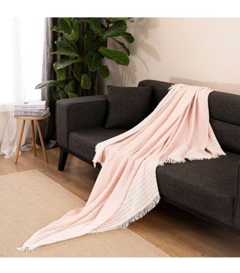 Dafne Moda Naturel Pamuklu Kanvas Püsküllü Süngersiz Armürlü Pembe Üçlü Koltuk Örtüsü 170x210 cm