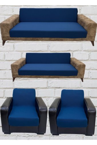Şahane Ev Mikro Polyester Likralı Jakarlı Süngersiz Düz Giydirmeli Lastikli Mavi Üçlü Koltuk Örtüsü 55x8 cm