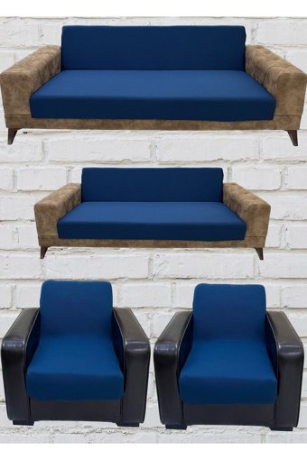 Şahane Ev Mikro Polyester Likralı Jakarlı Süngersiz Düz Giydirmeli Lastikli Mavi Üçlü Koltuk Örtüsü 55x8 cm