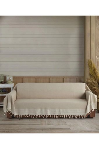 Maraz Home Pamuklu Püsküllü Süngersiz Geometrik Desenli Bej Tekli Koltuk Örtüsü 180x300 cm