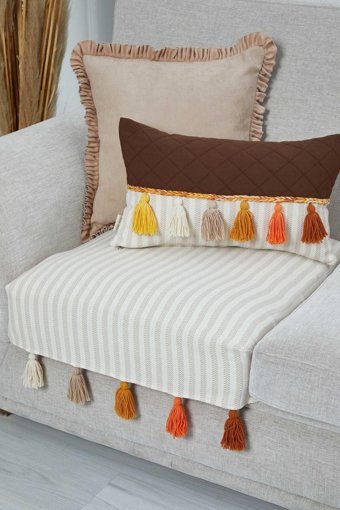 Aisha's Design KO-20-T Pamuklu Püsküllü Süngersiz Çizgili Vizon Tekli Koltuk Örtüsü 90x75 cm