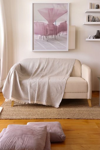 Xamantha Pamuklu Polar Saçaklı Süngersiz Çizgili Gri Tekli Koltuk Örtüsü 175x210 cm