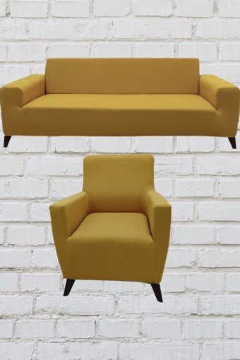 Şahane Ev Mikro Polyester Likralı Jakarlı Süngersiz Düz Giydirmeli Lastikli Hardal Üçlü Koltuk Örtüsü 85x55 cm