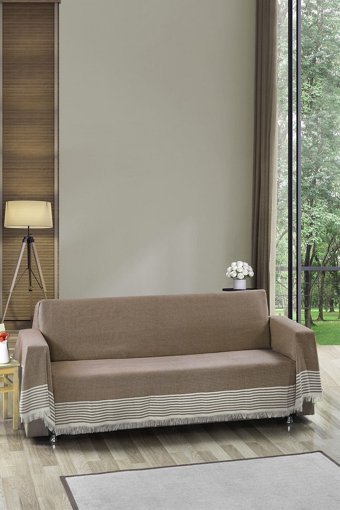 Vagonik Royal Pamuklu - Polyester Polar Saçaklı Süngersiz Düz Kahverengi Tekli Koltuk Örtüsü 180x300 cm