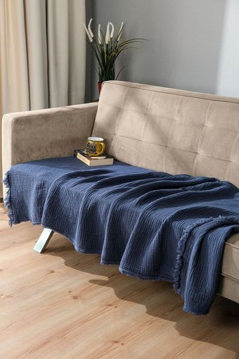 Oteks Home Collection Müslin Örgü Saçaklı Süngersiz Armürlü Lacivert Tekli Koltuk Örtüsü 100x200 cm