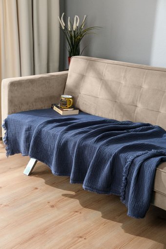 Oteks Home Collection Müslin Örgü Saçaklı Süngersiz Armürlü Lacivert Tekli Koltuk Örtüsü 100x200 cm