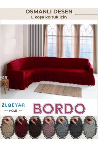 Elgeyar Pamuklu - Polyester Likralı Jakarlı Süngersiz Armürlü Giydirmeli Bordo Dörtlü Koltuk Örtüsü 180x350 cm