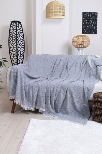 Ramsa Tekstil Naturel Pamuklu Örgü Saçaklı Süngersiz Geometrik Desenli Gri Tekli Koltuk Örtüsü 170x210 cm