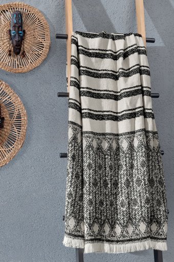 Yataş Flax Akrilik Polar Saçaklı Süngersiz Çizgili Ekru Tekli Koltuk Örtüsü 140x190 cm