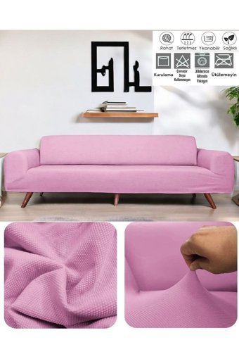 Seltenet Polyester Likralı Jakarlı Süngersiz Petek Desenli Giydirmeli Su Geçirmez Pembe Tekli Koltuk Örtüsü 180x230 cm