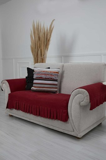 Aisha's Design KTK-4 Polyester Örgü Pileli Süngersiz Düz Bordo İkili Koltuk Örtüsü 34x48 cm