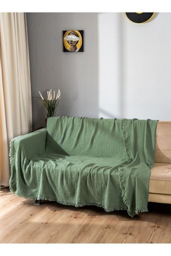 Oteks Home Collection Müslin Örgü Saçaklı Süngersiz Armürlü Yeşil Tekli Koltuk Örtüsü 200x200 cm