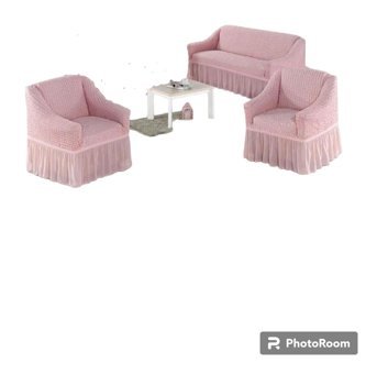Uytm Pamuklu - Polyester Bürümcük-Likralı Drapeli Süngerli Çizgili Giydirmeli Pembe Üçlü Koltuk Örtüsü 80x120 cm