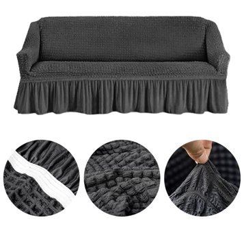 Elgeyar Pamuklu - Polyester Bürümcük Jakarlı Süngersiz Düz Giydirmeli Gri Üçlü Koltuk Örtüsü 183x230 cm