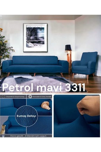 Seltenet Pamuklu - Polyester Likralı Jakarlı Süngersiz Petek Desenli Giydirmeli Su Geçirmez Mavi Dörtlü Koltuk Örtüsü 180x230 cm