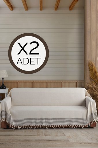 Lux Touch Pamuklu Saçaklı Süngersiz Geometrik Desenli Ekru İkili Koltuk Örtüsü 180x300 cm