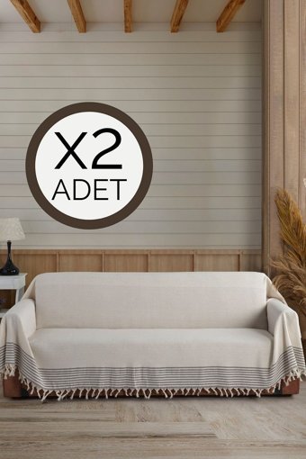 Lux Touch Pamuklu Saçaklı Süngersiz Geometrik Desenli Ekru İkili Koltuk Örtüsü 180x300 cm