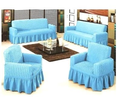 Heytgah Polyester Bürümcük-Likralı Fırfırlı Süngersiz Kapitone Giydirmeli Turkuaz 3-3-1-1 Koltuk Örtüsü 80x120 cm