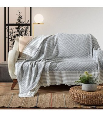 Homease Pamuklu Püsküllü Süngersiz Geometrik Desenli Gri Tekli Koltuk Örtüsü 170x210 cm