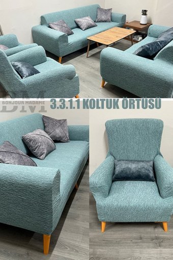 Bonjourmadame Polyester Süngersiz Çizgili Giydirmeli Lastikli Yeşil Dörtlü Koltuk Örtüsü 180x230 cm