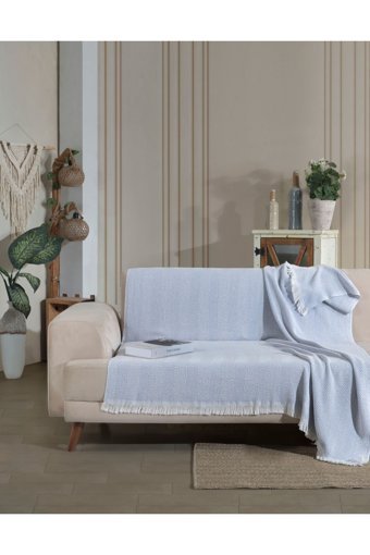 Lux Touch Lily Pamuklu Püsküllü Süngersiz Geometrik Desenli Mavi Tekli Koltuk Örtüsü 150x200 cm
