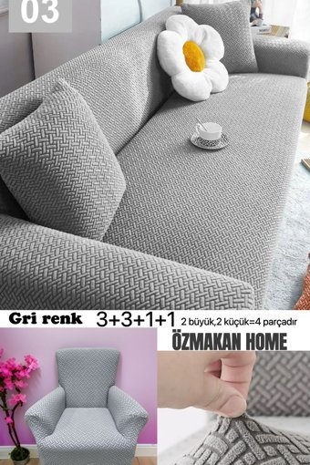 Özmakan Pamuklu - Polyester Likralı Jakarlı Süngersiz Çizgili Giydirmeli Gri Dörtlü Koltuk Örtüsü 180x230 cm