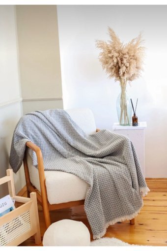 Xamantha Pamuklu Polar Saçaklı Süngersiz Çizgili Gri Tekli Koltuk Örtüsü 170x210 cm
