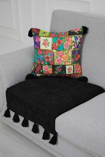 Aisha's Design KO-19-T Polyester Örgü Püsküllü Süngersiz Düz Siyah Tekli Koltuk Örtüsü 34x48 cm