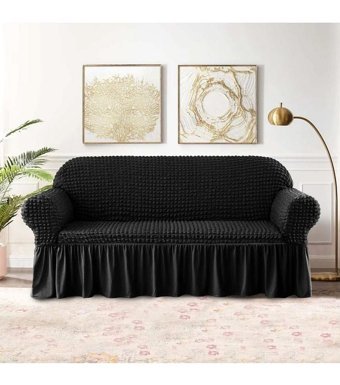 Uy Style Tekstil Polyester Bürümcük-Likralı Drapeli Süngerli Düz Giydirmeli Siyah Tekli Koltuk Örtüsü 180x230 cm