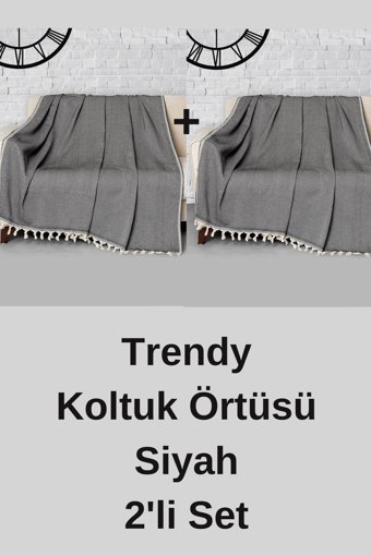 Denizli Concept Trendy Pamuklu - Polyester Kanvas Püsküllü Süngersiz Armürlü Siyah Altılı Koltuk Örtüsü 170x230 cm