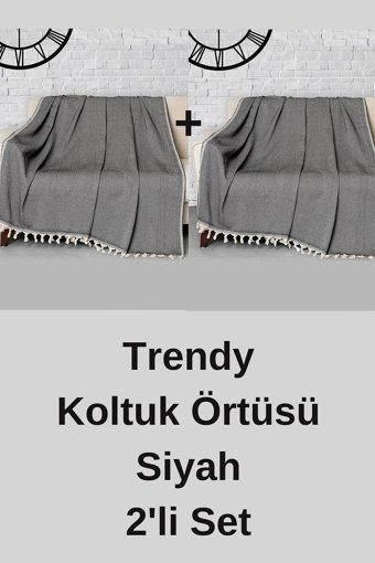 Denizli Concept Trendy Pamuklu - Polyester Kanvas Püsküllü Süngersiz Armürlü Siyah Altılı Koltuk Örtüsü 170x230 cm