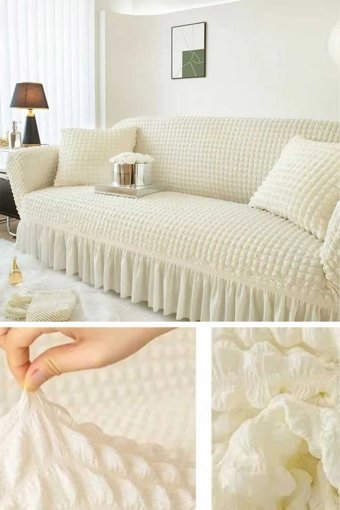 Akbu Pamuklu - Polyester Bürümcük Fırfırlı Süngersiz Giydirmeli Lastikli Bej Tekli Koltuk Örtüsü 183x230 cm