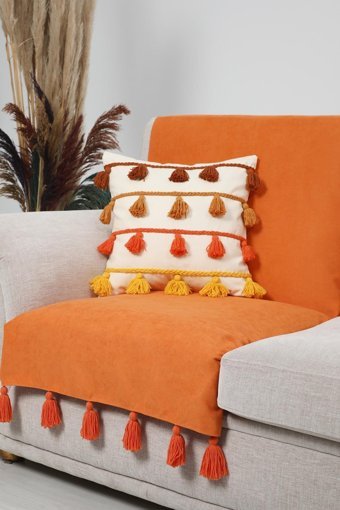 Aisha's Design KO-31-T Polyester Örgü Püsküllü Süngersiz Düz Turuncu Tekli Koltuk Örtüsü 75x185 cm