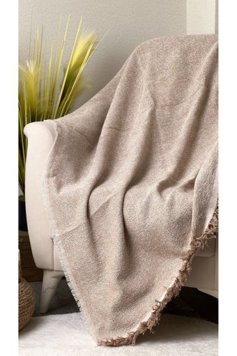 Evimebu Pamuklu Kanvas Saçaklı Süngersiz Armürlü Bej Tekli Koltuk Örtüsü 170x210 cm