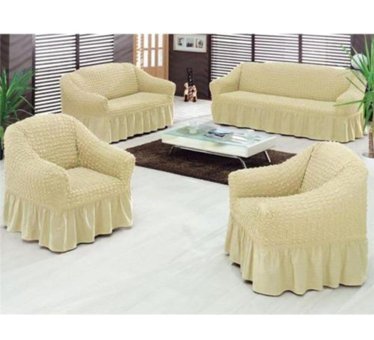 Altın Kelebek Pamuklu - Polyester Bürümcük Fırfırlı Süngersiz Giydirmeli Lastikli Bej Dörtlü Koltuk Örtüsü 180x230 cm