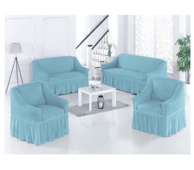 Uyintil Pamuklu - Polyester Bürümcük-Likralı Drapeli Süngerli Petek Desenli Giydirmeli Turkuaz Dörtlü Koltuk Örtüsü