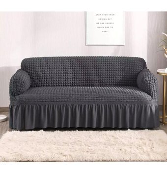 Nurlan Pamuklu - Polyester Bürümcük Fırfırlı Süngersiz Kareli Giydirmeli Gri Tekli Koltuk Örtüsü 180x230 cm