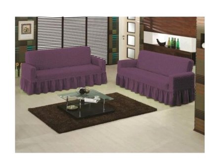 Altın Kelebek Pamuklu - Polyester Bürümcük Fırfırlı Süngersiz Giydirmeli Lastikli Mor İkili Koltuk Örtüsü 140x180 cm