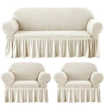 Iydgah Polyester Bürümcük-Likralı Fırfırlı Süngersiz Kapitone Giydirmeli Krem Üçlü Koltuk Örtüsü 180x50 cm
