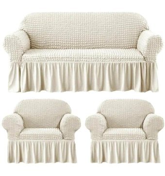 Iydgah Polyester Bürümcük-Likralı Fırfırlı Süngersiz Kapitone Giydirmeli Krem Üçlü Koltuk Örtüsü 180x50 cm
